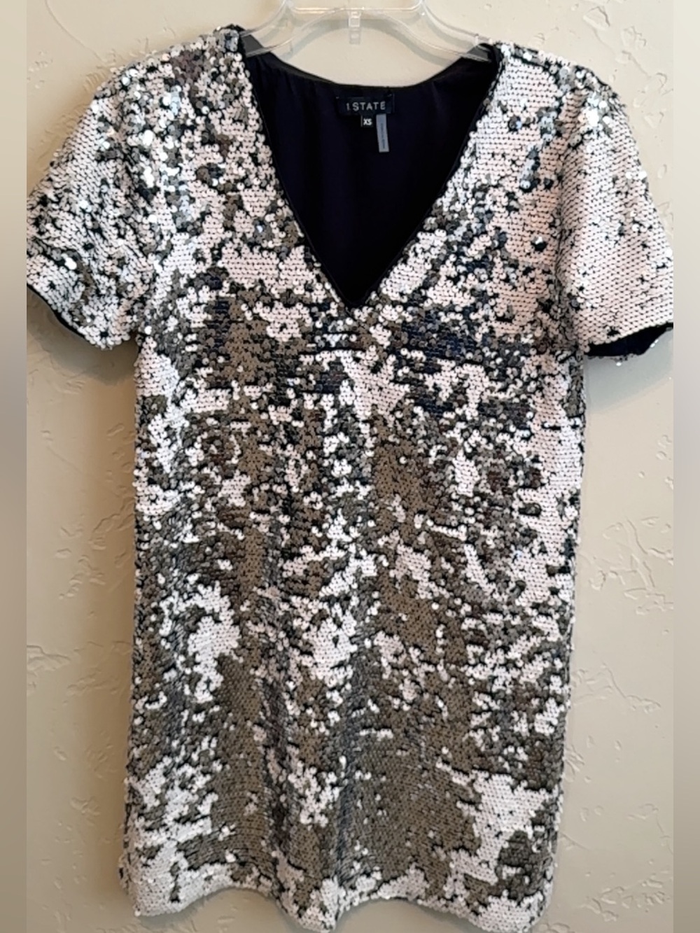 STATE Silver and Black Sequin V-Neck Short Sleeve Dress